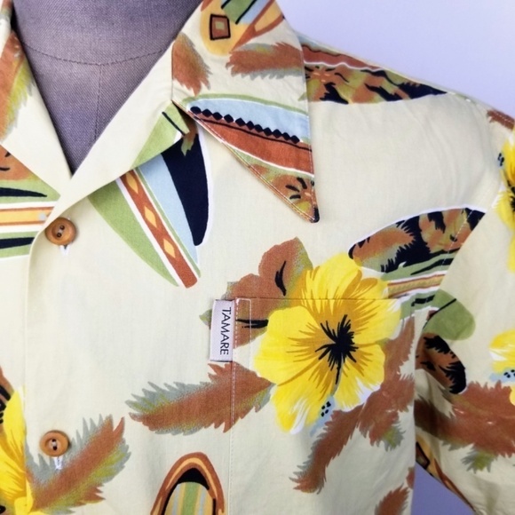 70’s TAMARE VINTAGE HAWAIIAN Tropical Shirt Mens L Pale Yellow- Butterfly Collar - Picture 4 of 7